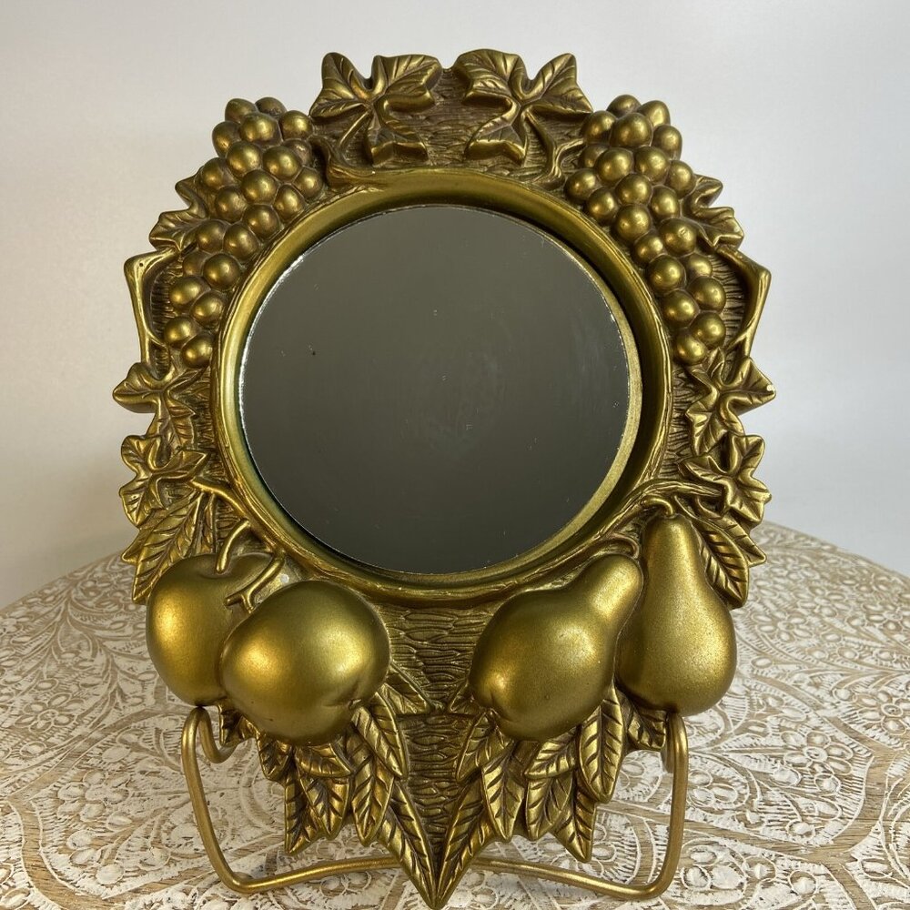 VTG Goldtone Mirror Fruit Design Cast Plaster Baroque Ornate Wall Mirror 10.5x8 - Picture 3 of 11